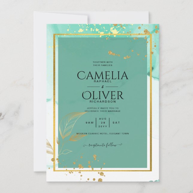 Mint Green Gold Alkohol Tinte Abstrakt Hochzeit Einladung (Vorderseite)