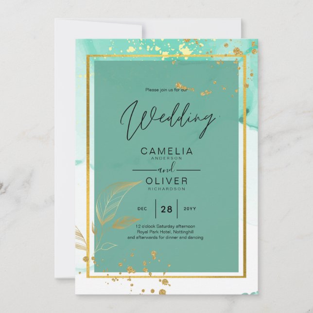 Mint Green Gold Alkohol Tinte Abstrakt Hochzeit Einladung (Vorderseite)