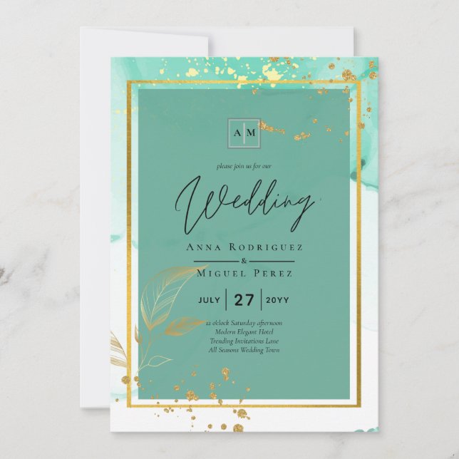 Mint Green Gold Alkohol Tinte Abstrakt Hochzeit Einladung (Vorderseite)