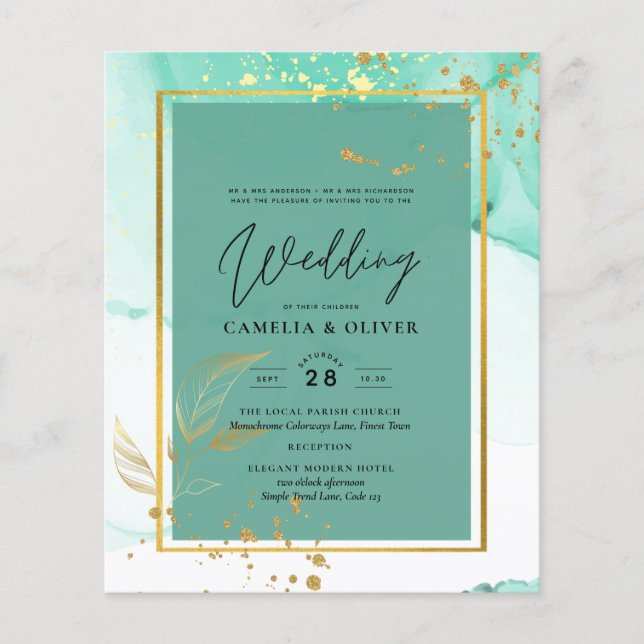 Mint Green Gold Alkohol Tinte Abstrakt Hochzeit Flyer (Vorne)