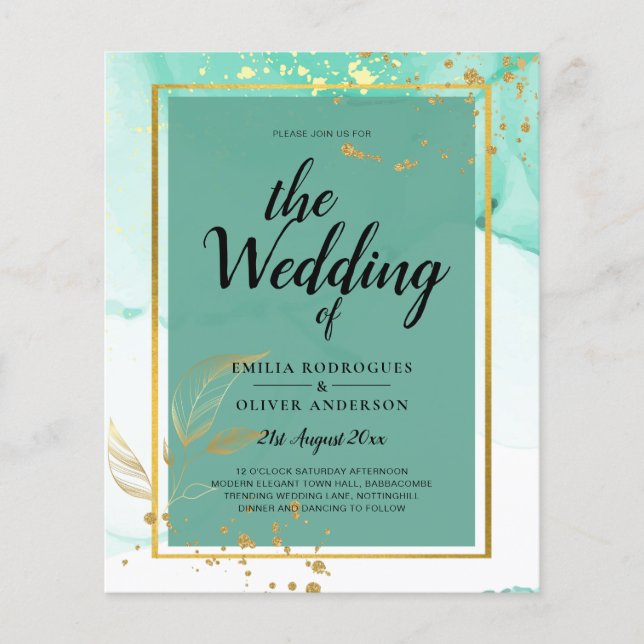 Mint Green Gold Alkohol Tinte Abstrakt Hochzeit Flyer (Vorne)