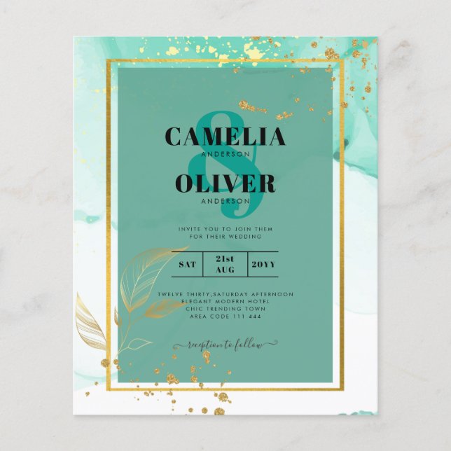 Mint Green Gold Alkohol Tinte Abstrakt Hochzeit Flyer (Vorne)