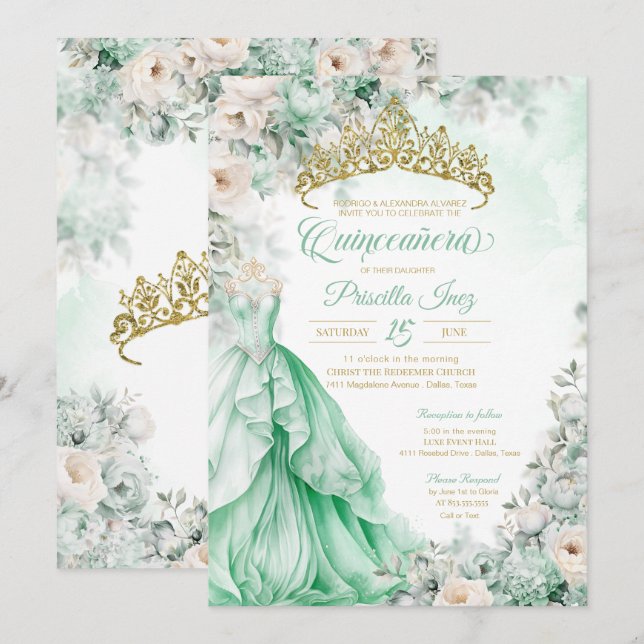 Mint Green Gold Elegantin Princess Quinceañera Einladung (Vorne/Hinten)