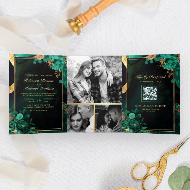 Mint Green Gold Floral Marble QR Code Hochzeit Dreifach Gefaltete Einladung (Von Creator hochgeladen)