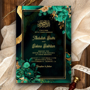 Mint Green Gold Floral QR Code Muslim Hochzeit Einladung