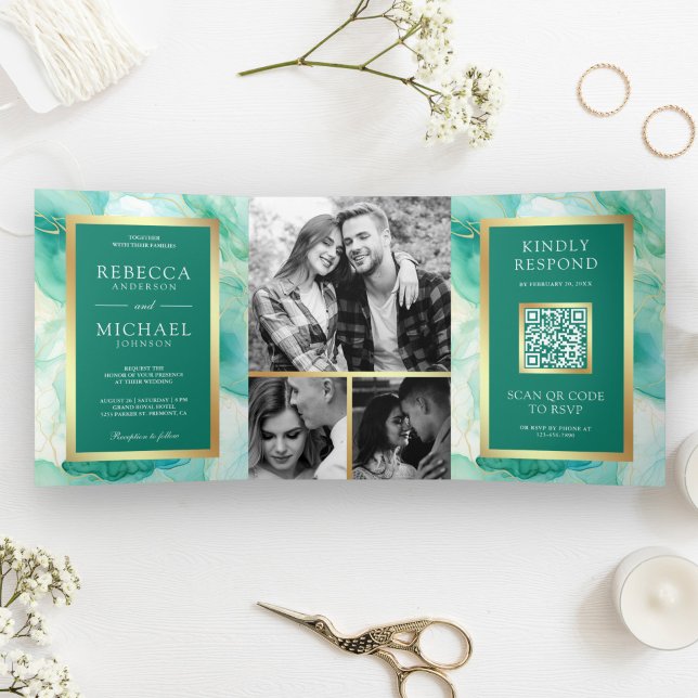 Mint Green Gold Fluid Tinte QR Code Hochzeit Dreifach Gefaltete Einladung (Von Creator hochgeladen)