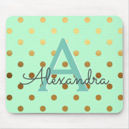 Mint Green & Gold Foil Polka Dots Monogram Name Mousepad