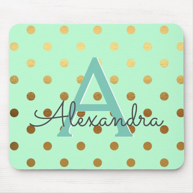 Mint Green & Gold Foil Polka Dots Monogram Name Mousepad (Vorne)