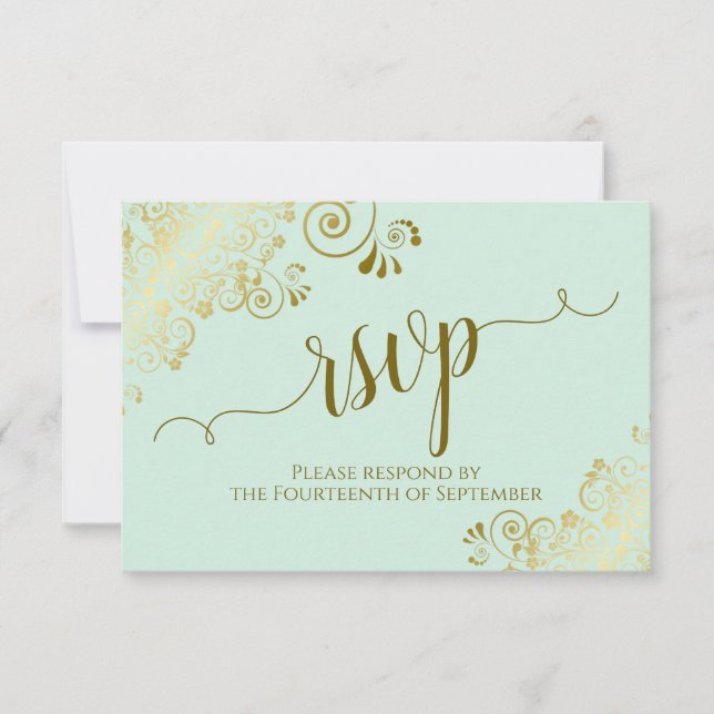 Mint Green & Gold Lace Elegante Hochzeit der Kalli RSVP Karte (Vorderseite)