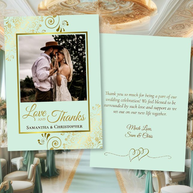 Mint Green & Gold Liebe & Danke Foto Note Wedding (Front/Back)