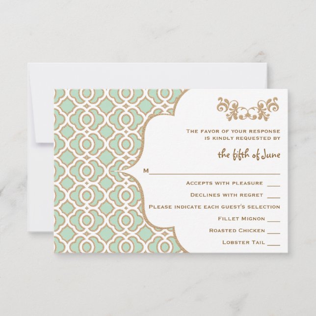 Mint Green Gold marokkanische Hochzeitskarten RSVP Karte (Vorderseite)