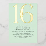 Mint Green & Gold | Modern Cute Pastel Sweet 16  Folieneinladung<br><div class="desc">Modern 16th birthday invitations with a large heading "16" in real metallic foil on a mint green background. (Background colors can be changed by using the design tool. You can also change the type of metallic foil.)</div>