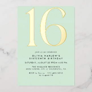 Mint Green & Gold | Modern Cute Pastel Sweet 16 Folieneinladung