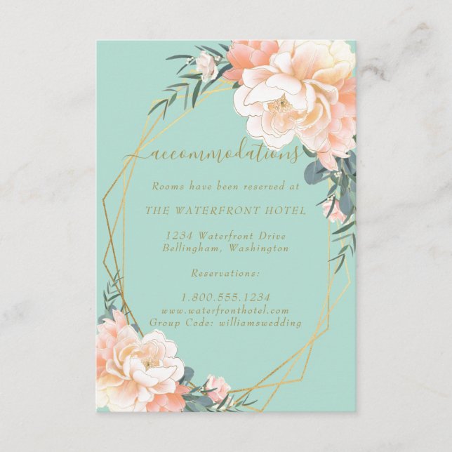 Mint Green Gold Peach Floral Hochzeitsunterkunft Begleitkarte (Vorderseite)