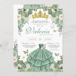Mint Green Gold Rose Elegante Prinzessin Quinceane Einladung