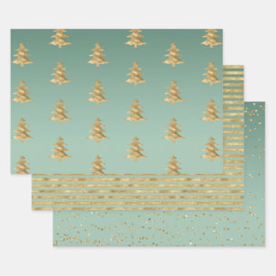 Mint Green Gold Streifen Weihnachtsbaumen Confetti Geschenkpapier Set
