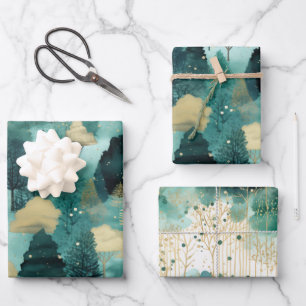 Mint Green Gold Trees Weihnachten Geschenkpapier Set