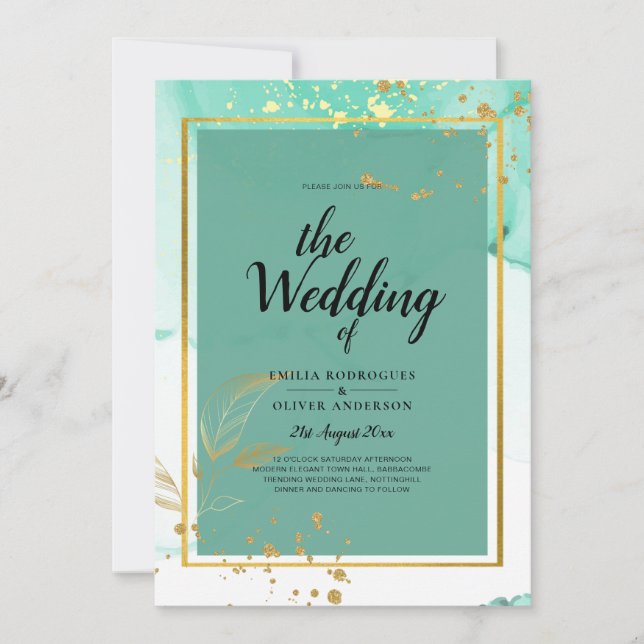Mint Green Gold WEDD Alkohol Tinte Abstrakt Einladung (Vorderseite)
