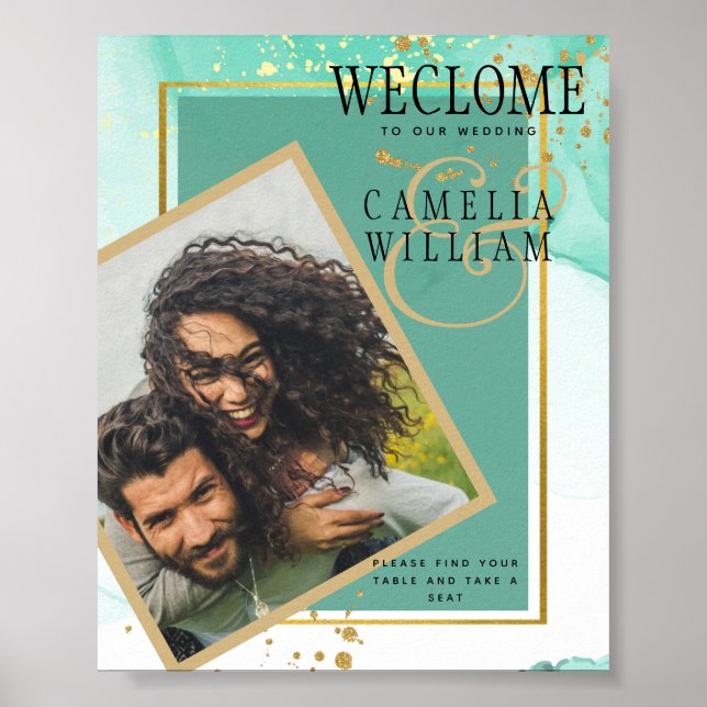 Mint Green Gold WEDD Alkohol Tinte Abstrakt Poster (Vorne)