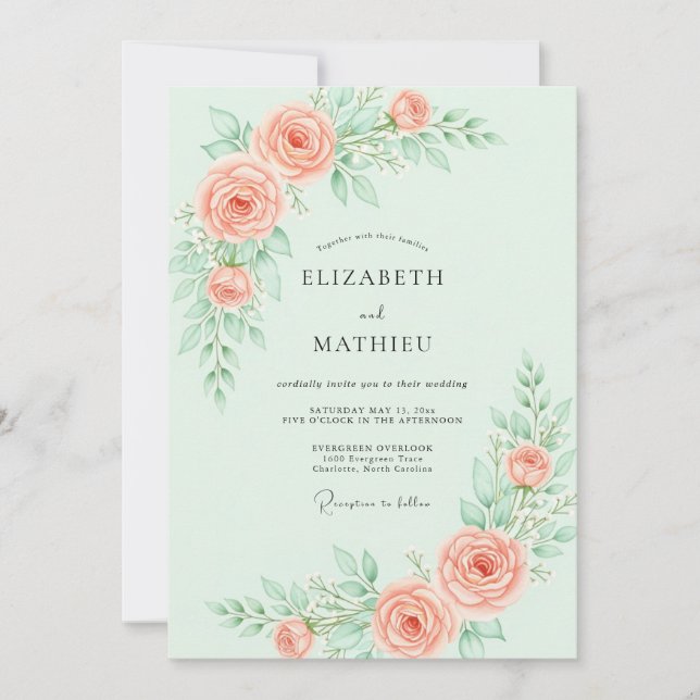 Mint Green Graceful Rose Wedding Einladung (Vorderseite)