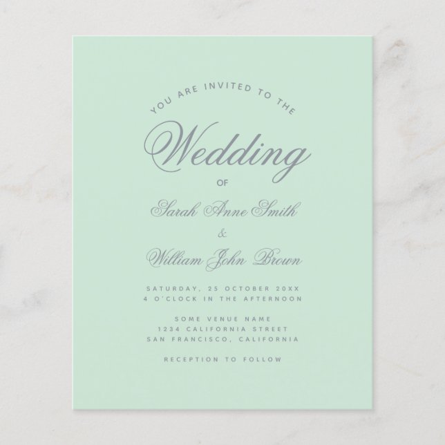 Mint Green & Gray Script Budget Einladung Hochzeit (Vorderseite)