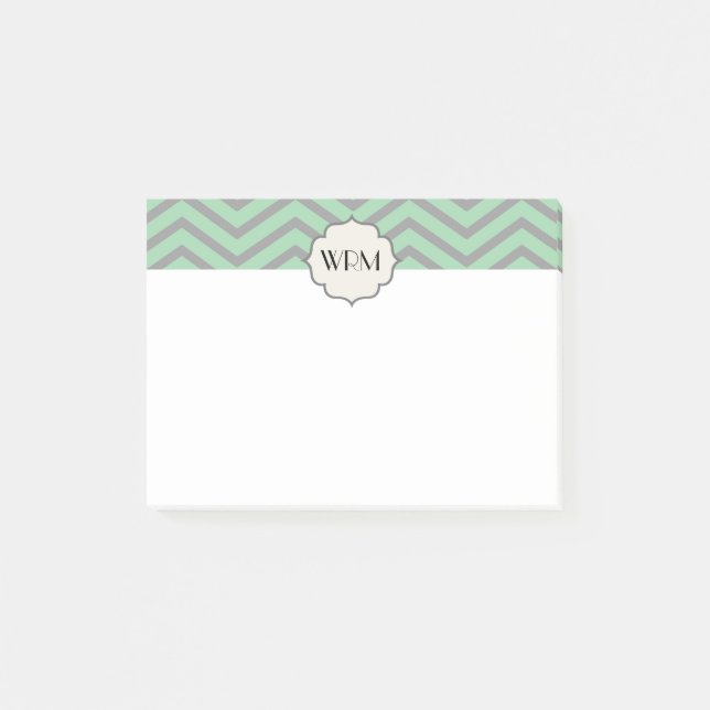 Mint Green Gray Zickzack Gemustert Mit Monogramm Post-it Klebezettel (Vorderseite)