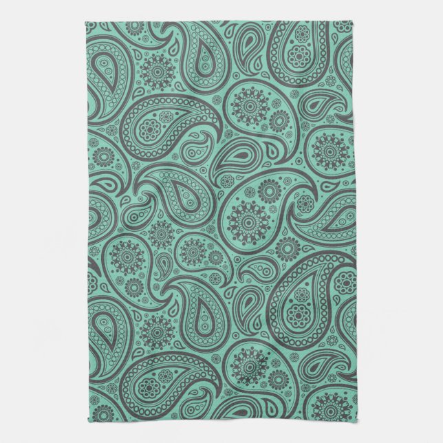 Mint Green & Grey Vintag Paisley Damasks Küchentuch (Vertikal)