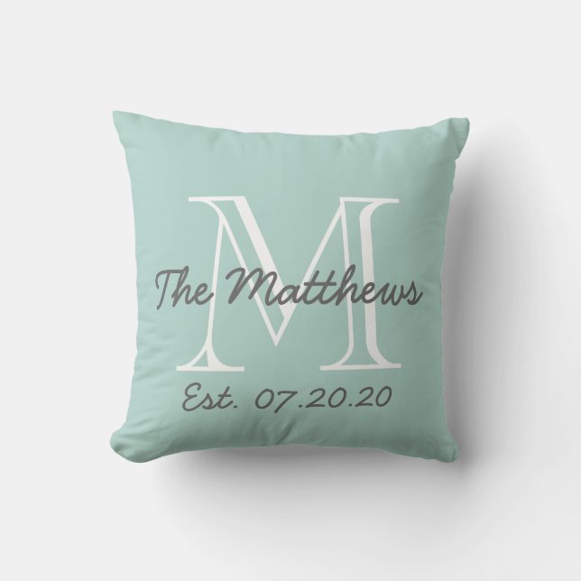 Mint Green Grey White Family Monogram Kissen (Vorderseite)
