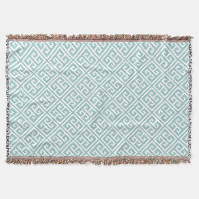 Mint Green Griechisches Schlüsselmuster Decke (Vorderseite)