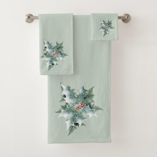 Mint Green Holly auf Mint Green Badhandtuch Set (Insitu)