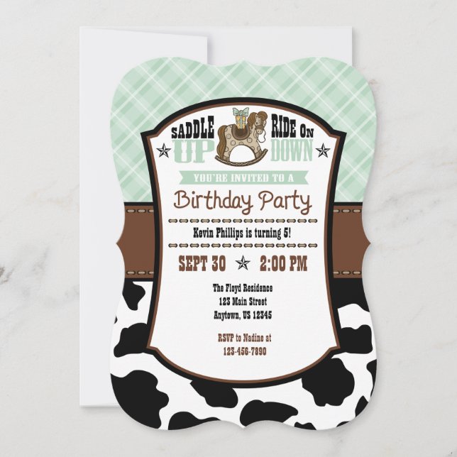 Mint Green Kariert Cowhide Cowboy Birthday Einladu Einladung (Vorderseite)