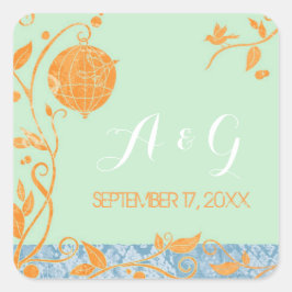 Mint Green Love Birds Wedding Monogramme Quadratischer Aufkleber