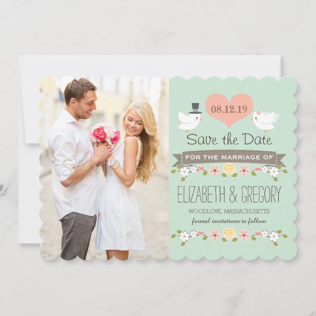 Mint Green Love Vögel Hochzeit speichern Sie die D Save The Date (Vorderseite)