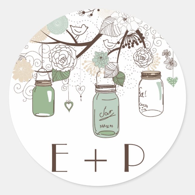 Mint Green Mason Jars Wedding Monogram Sticker (Vorderseite)