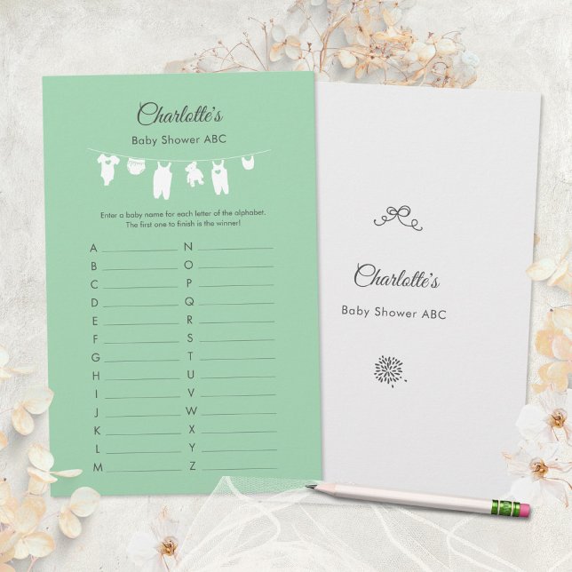 Mint Green Minimalistisch Baby Shower ABC Game (Minimalist Mint Green Baby Shower ABC Game ©Susanne Sachers - Sunny Mind 🌞)