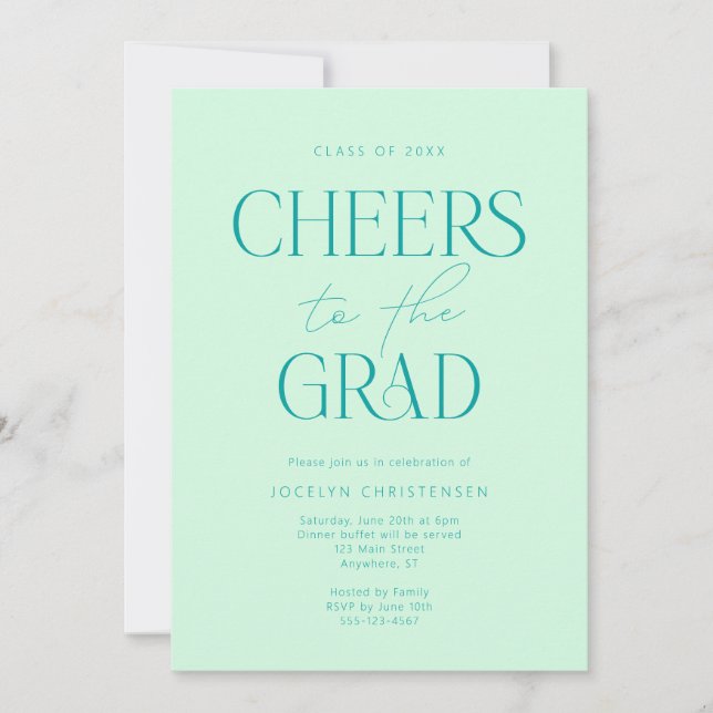 Mint Green Modern Cheers Grad Party Einladung (Vorderseite)