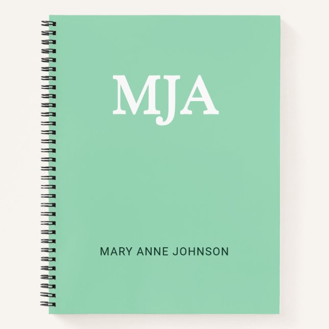 Mint Green Monogram 3-Buchstaben Initials Moderne Notizbuch (Vorderseite)