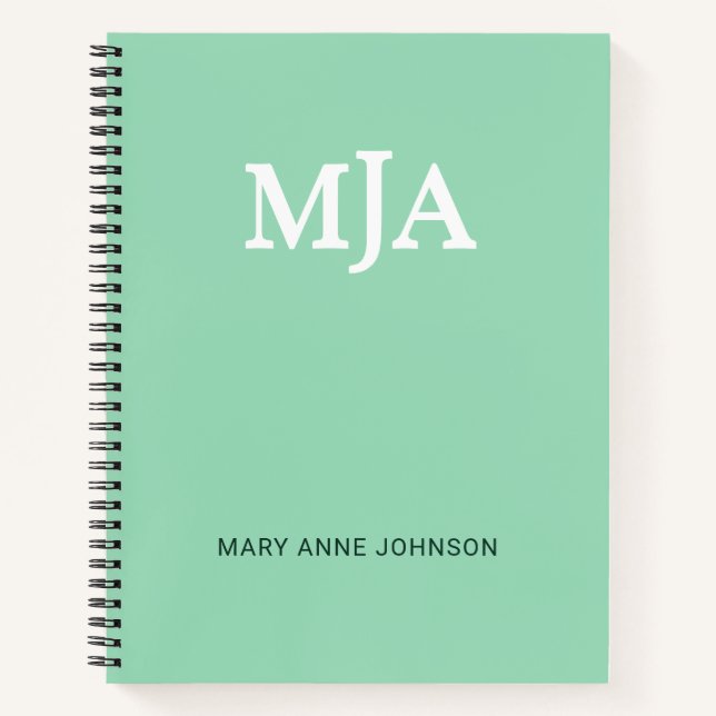Mint Green Monogram 3-Buchstaben Initials Moderne Notizbuch (Vorderseite)