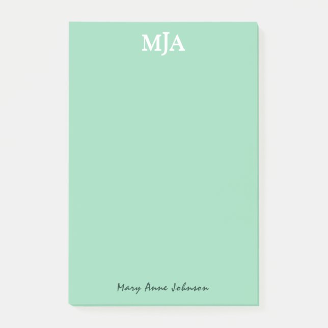 Mint Green Monogram 3-Buchstaben Initials Moderne Post-it Klebezettel (Vorderseite)