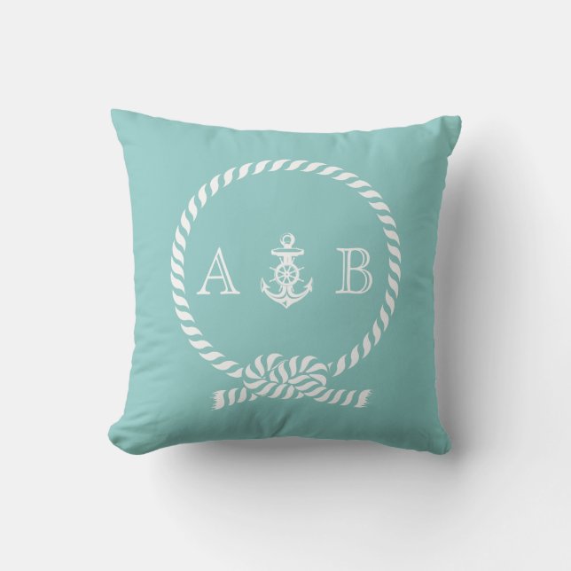 Mint Green Nautical Rope and Anchor Monogram Kissen (Vorderseite)