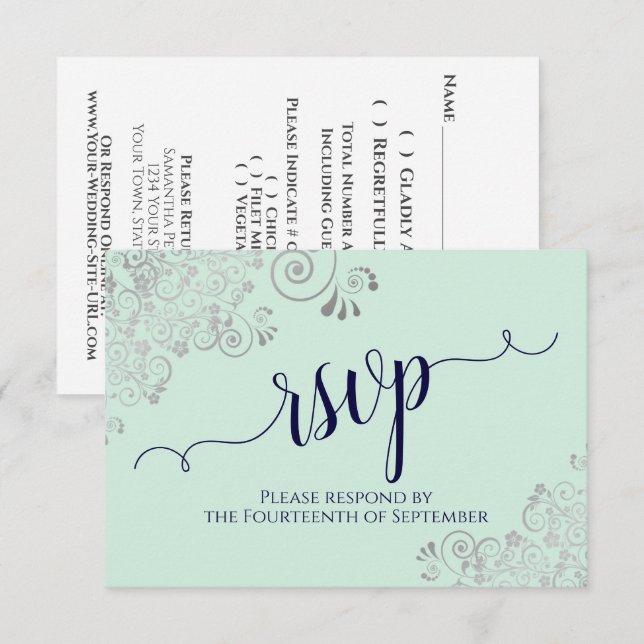 Mint Green & Navy Blue Elegant Calligraphy Wedding RSVP Karte (Vorne/Hinten)