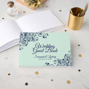 Mint Green & Navy Blue Lace Elegante Hochzeit Gästebuch