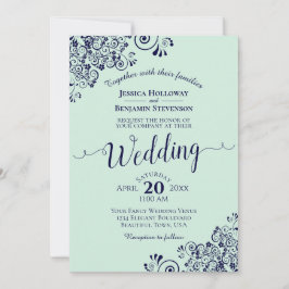Mint Green & Navy Blue Lace Foto Collage Wedding Einladung