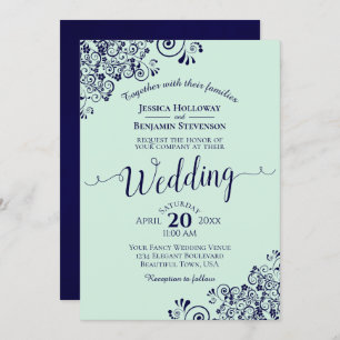 Mint Green & Navy Blue Lace Frils Wedding Einladung