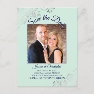 Mint Green & Navy Blue Wedding Save the Date Foto Ankündigungspostkarte