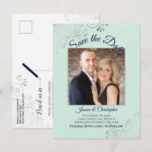 Mint Green & Navy Blue Wedding Save the Date Foto Ankündigungspostkarte