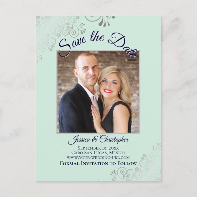 Mint Green & Navy Blue Wedding Save the Date Foto Ankündigungspostkarte (Vorderseite)
