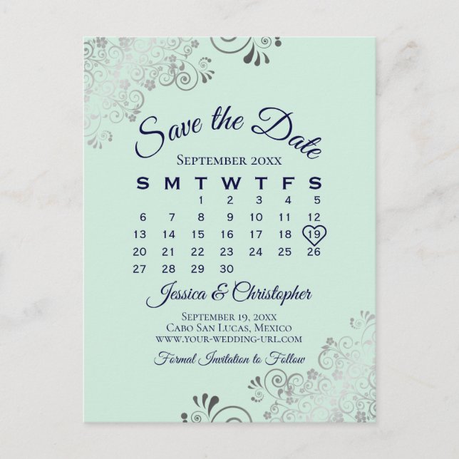 Mint Green & Navy Hochzeit Speichern Sie den Datum Ankündigungspostkarte (Vorderseite)