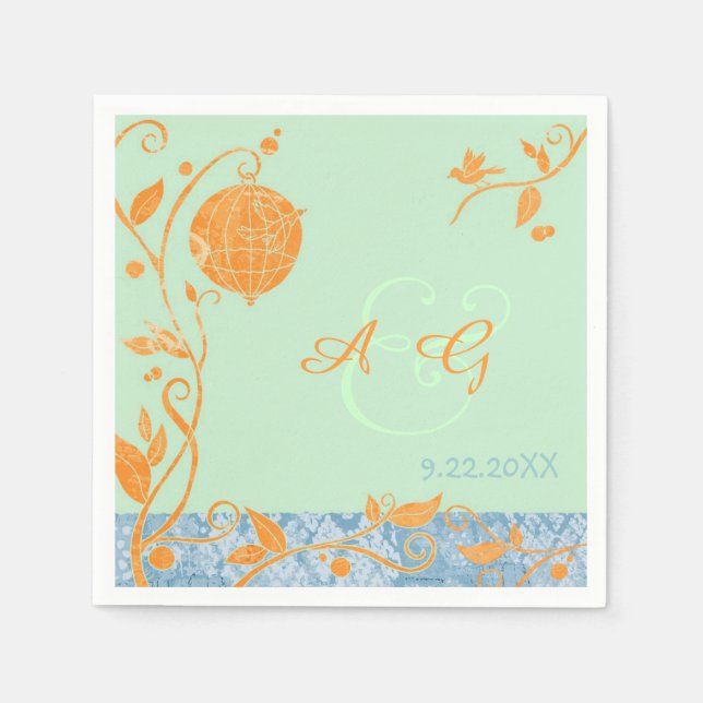 Mint Green & Orange Love Birds Wedding Serviette (Vorderseite)