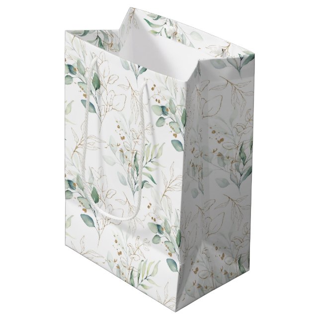 Mint Green Pastel Blumengrün Muster Mittlere Geschenktüte (Vorderseite Schrägansicht)